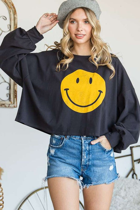 Smiley Face Long Sleeve Crop Top | Available in 4 Colors